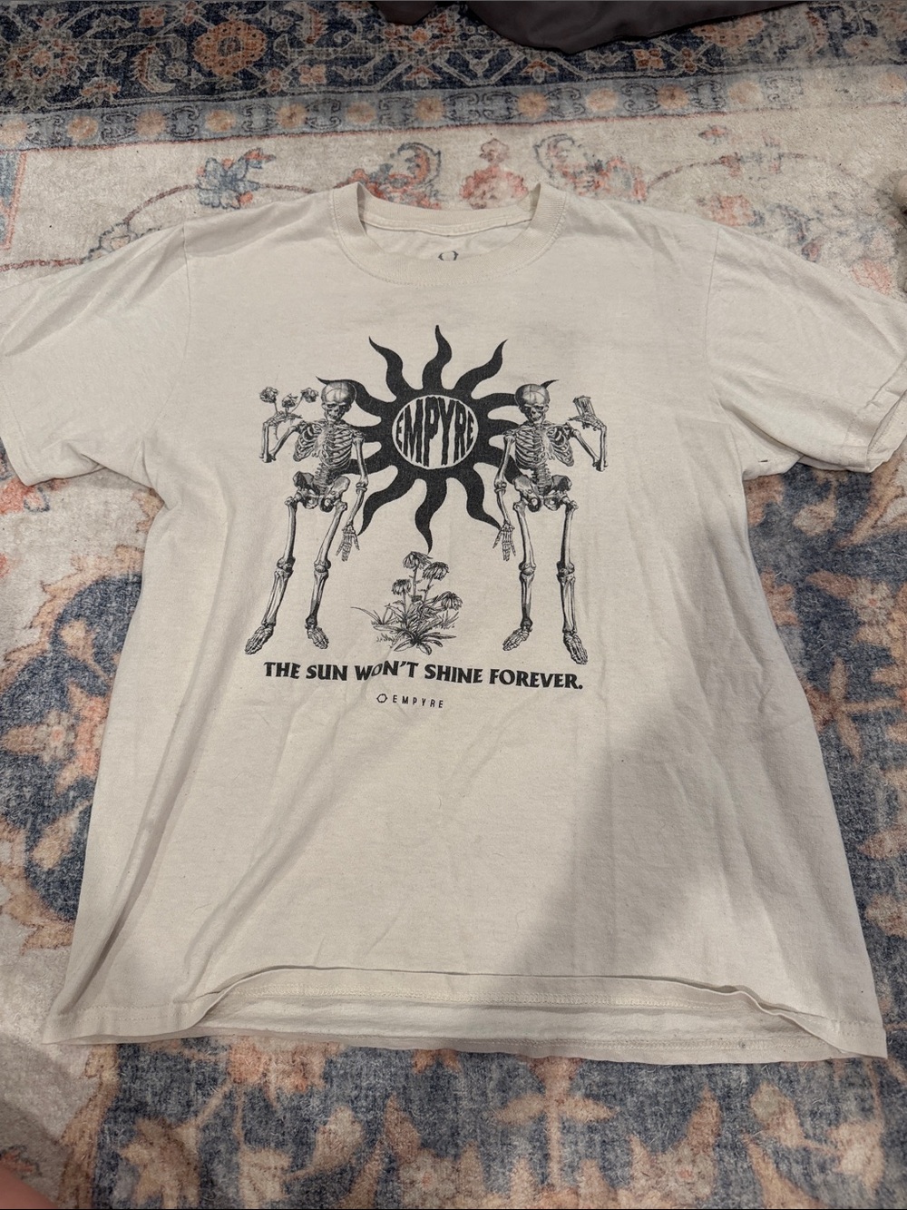 Empyre Cream Graphic Tee with Black Sun & Skeleton Print